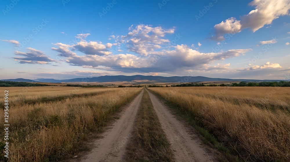 Dirt road leading towards distant mountains under a sunset sky filled with colorful clouds : Generative AI Dirt road leading towards distant mountains under a sunset sky filled with colorful clouds : Generative AI