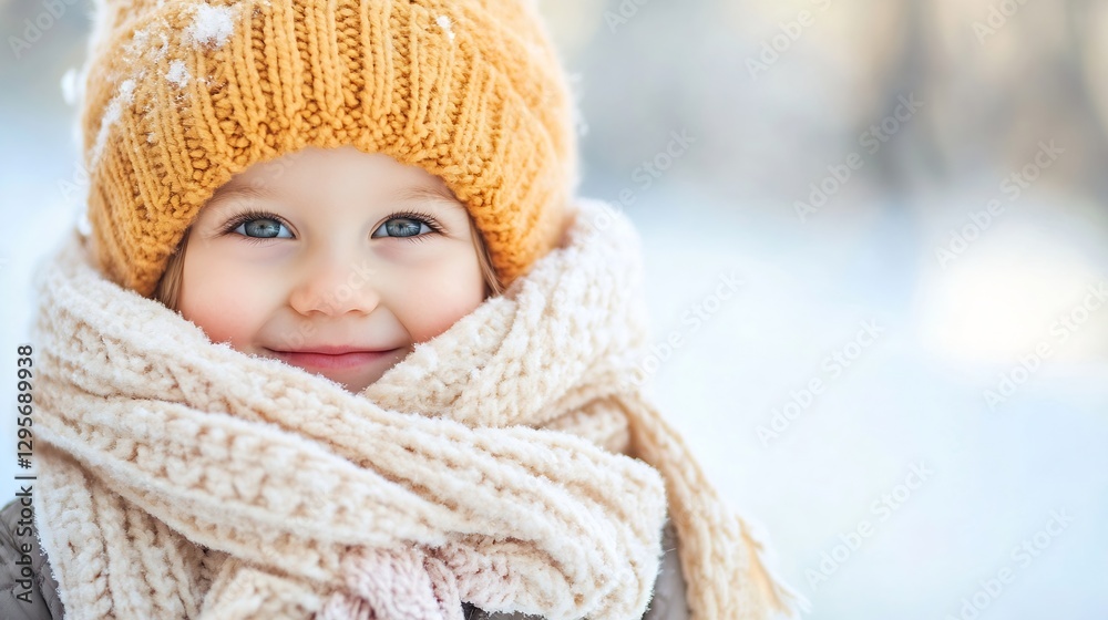 Joyful Child Wearing Warm Hat and Scarf Smiling in Snowy Winter Wonderland : Generative AI