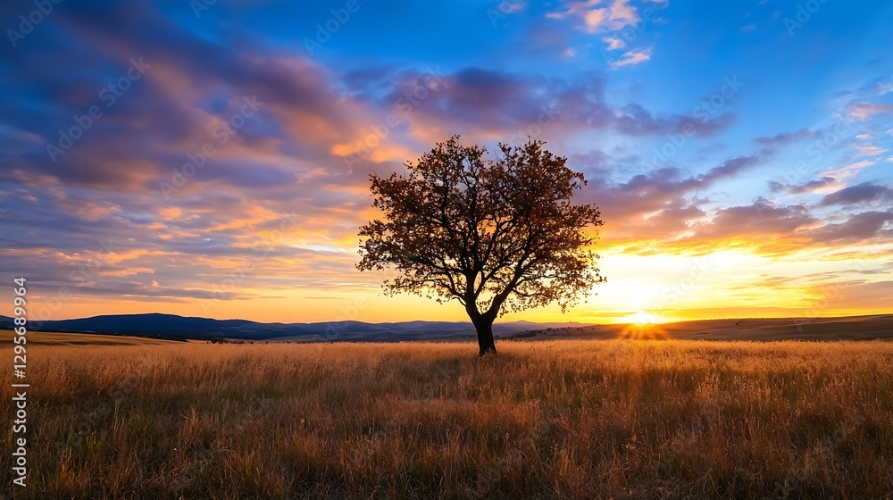 Fototapeta premium Stunning Sunset Over a Field with a Lone Tree Surrounded by Vibrant Colors and Scenic Beauty : Generative AI