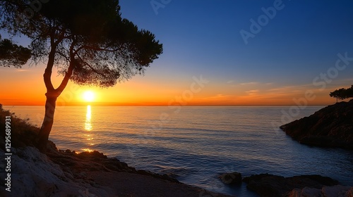 Stunning coastal view during sunset with silhouette of a tree, calm sea and vibrant sky : Generative AI