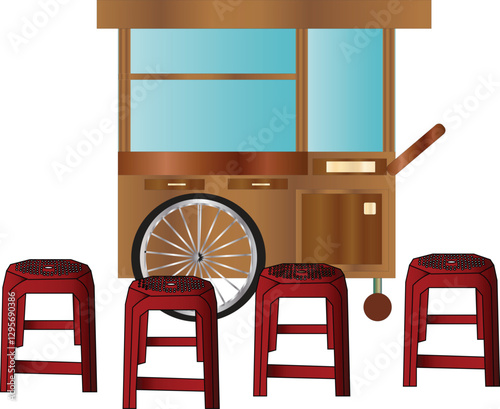 The Illustration of Wooden cart or grobak of street vendor with chair from Indonesia.