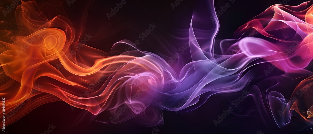 Obraz premium Vivid display of red, purple, and orange smoke drifting across a black backdrop in a wide panoramic format