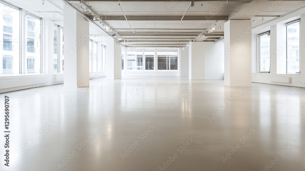 Spacious empty interior of a modern office showing large windows and minimal design : Generative AI