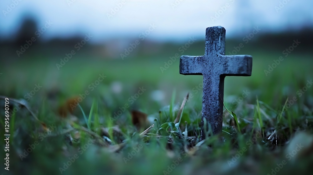 Small weathered cross stands prominently in a serene green field under a cloudy sky : Generative AI Small weathered cross stands prominently in a serene green field under a cloudy sky : Generative AI