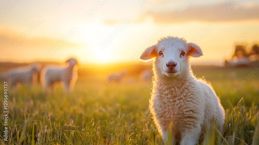 Obraz premium Adorable fluffy lamb standing in a field at sunset surrounded by other sheep grazing peacefully : Generative AI