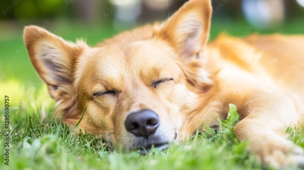 Relaxed golden retriever dog sleeping on green grass enjoying a sunny day in a peaceful garden : Generative AI Relaxed golden retriever dog sleeping on green grass enjoying a sunny day in a peaceful garden : Generative AI