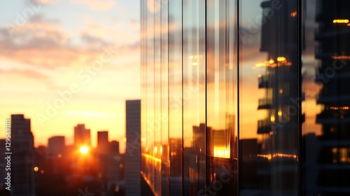 Stunning sunset view with city skyline reflecting vibrant colors in glass buildings : Generative AI photo