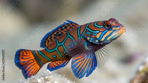 Vibrant Mandarin Dragonet: Captivating macro shot of a colorful mandarin dragonet fish, showcasing intricate patterns, vibrant hues, and the beauty of marine life. photo
