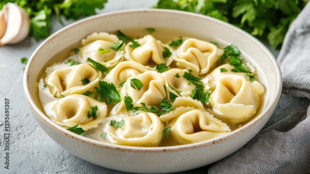Bowl of tortellini soup with fresh parsley. Delicious and comforting Italian cuisine. Bowl of tortellini soup with fresh parsley. Delicious and comforting Italian cuisine.