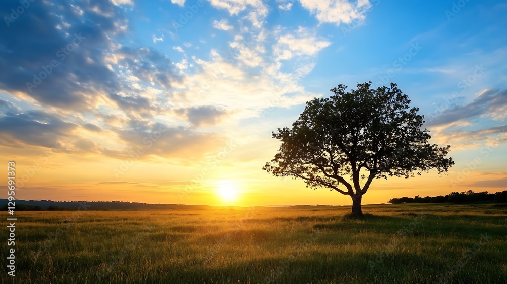 Stunning sunset over a tranquil field with a lone tree creating a picturesque landscape scene : Generative AI Stunning sunset over a tranquil field with a lone tree creating a picturesque landscape scene : Generative AI