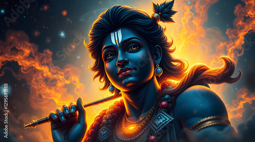 A futuristic sci-fi style digital painting with an extreme macro close-up of Lord Krishna playing his flute. Advanced technology and space elements surround him photo