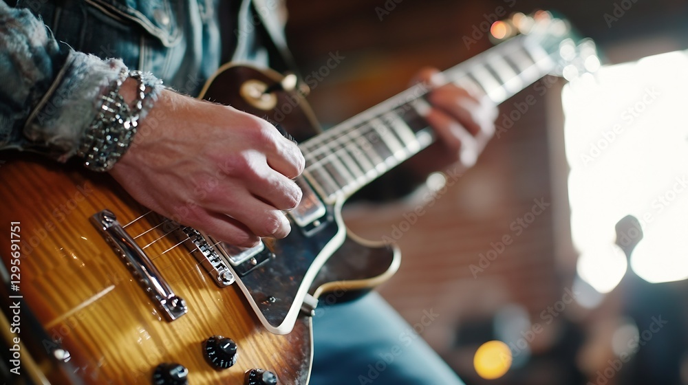 Obraz premium Talented guitarist passionately playing electric guitar during a live performance with focus on hands : Generative AI