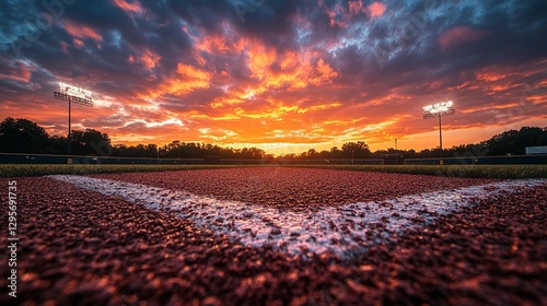 Vibrant sunset over a baseball field, showcasing the infield and dramatic sky.