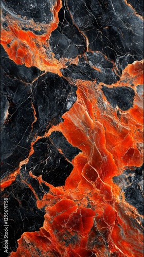 Striking abstract texture of red and black marble with intricate patterns and fluid movement in natural stone design