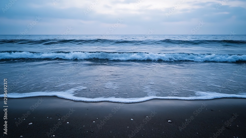 Calm ocean waves gently lapping on sandy shore under a cloudy sky : Generative AI Calm ocean waves gently lapping on sandy shore under a cloudy sky : Generative AI