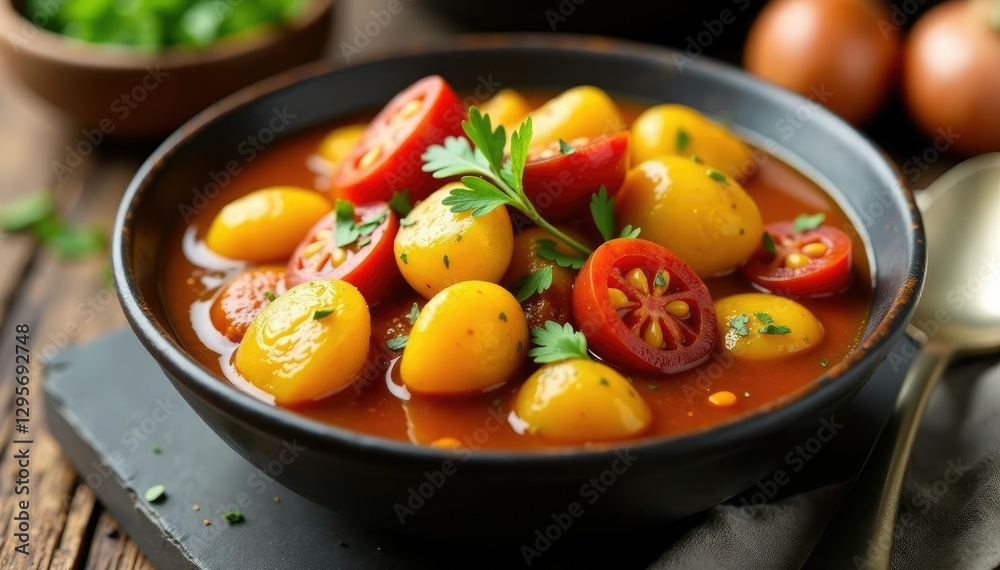 A flavorful potato and chorizo stew served in a large bowl, olive oil, onions A flavorful potato and chorizo stew served in a large bowl, olive oil, onions