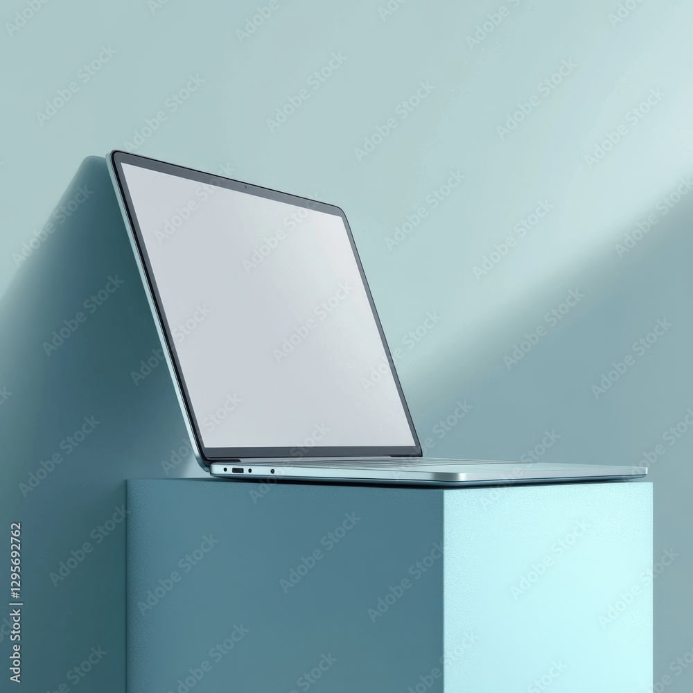Laptop on blue box. A laptop with an empty screen on a blue box on a blue background.