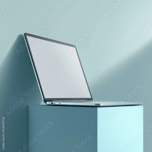 Obraz na płótnie Laptop on blue box. A laptop with an empty screen on a blue box on a blue background. w salonie