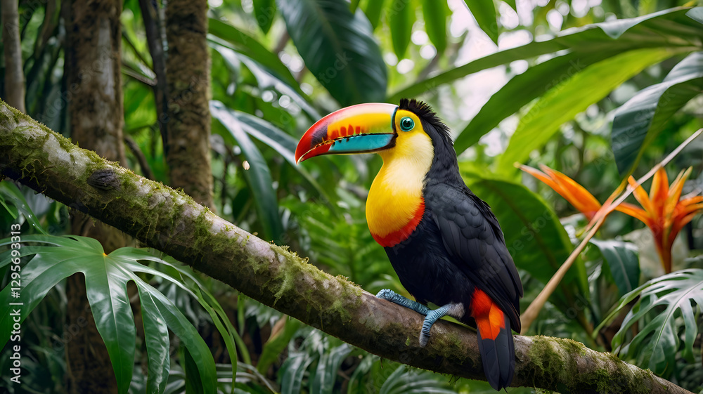 toucan in the jungle, A bright toucan with a massive orange beak sitting on a thin jungle branch, surrounded by large tropical leaves and vines toucan in the jungle, A bright toucan with a massive orange beak sitting on a thin jungle branch, surrounded by large tropical leaves and vines