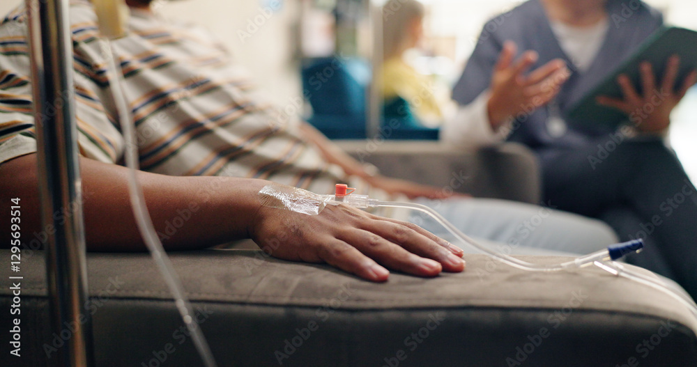 Fototapeta premium Nurse, IV needle and consultation at a hospital with vaccine and healthcare infusion for virus. Medicine, clinic and medical support with patient and helping with blood sample for health treatment