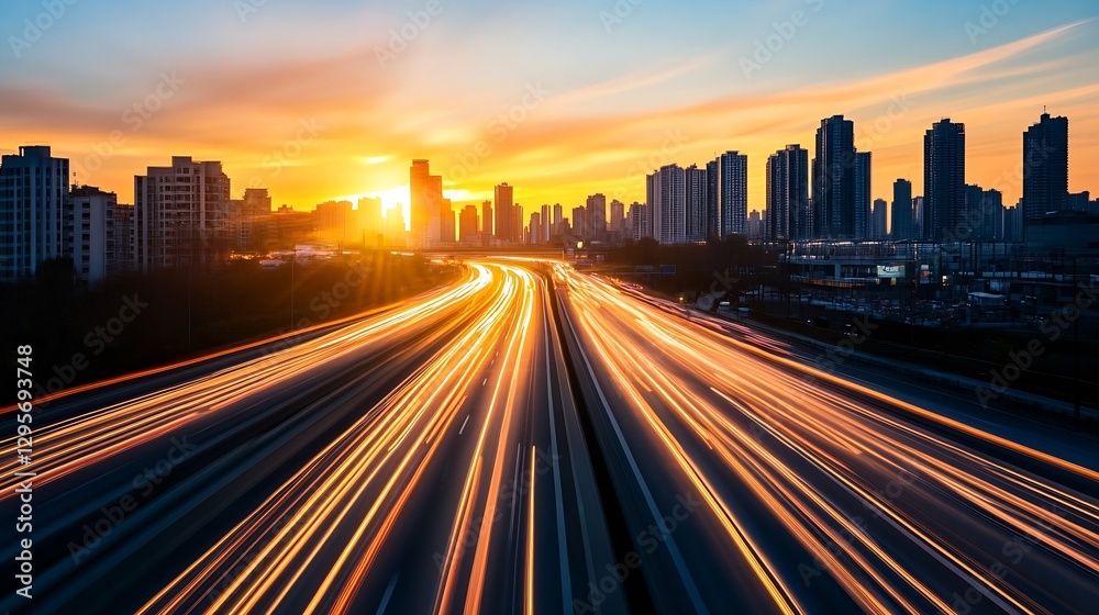 Fototapeta premium Dynamic cityscape at sunset capturing the movement of traffic along a busy highway with highrise buildings : Generative AI