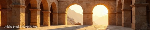 Ancient arches with soft sunlight casting shadows, gentle, peaceful, cast