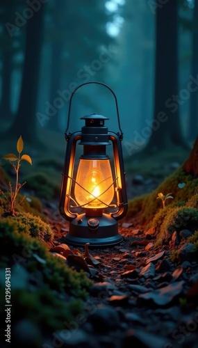 Ancient lantern casts warm glow in the darkness of a forest, forest, eerie