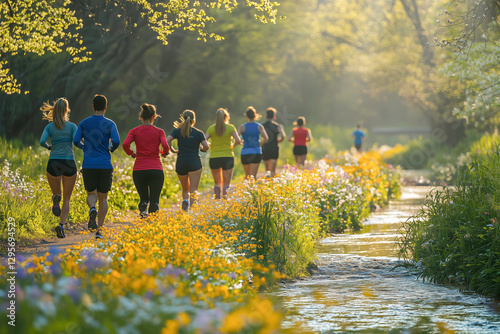 Group Enjoying a Run in Spring Nature
