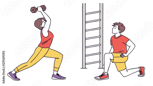 Strong Female Weightlifter Illustration in Bold Fitness Workout Poses on Transparent Background
