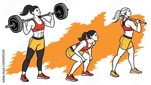 Strong Female Weightlifter Illustration in Bold Fitness Workout Poses on Transparent Background
