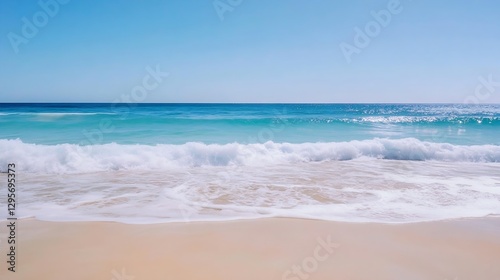 A stunning view of a tranquil beach with sparkling turquoise water and gentle waves lapping at the shore : Generative AI photo