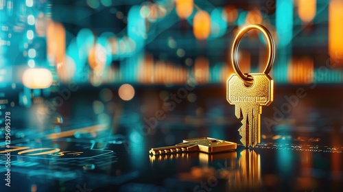 Golden key on dark wooden table symbolizing private credit and financial security, with abstract financial charts in the background, representing trust and wealth management concepts.