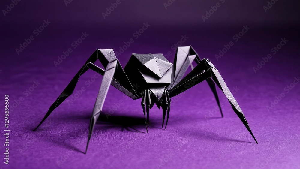 Fototapeta premium a strikingly crafted black origami spider poised on a vibrant purple background