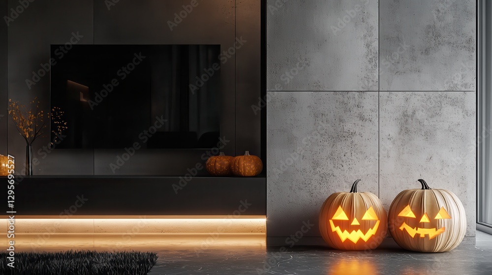 Obraz premium modern minimalist halloween apartment clean lines and neutral tones sleek glass and metal accents carved geometric pumpkins with led lights subtle spooky ambiance