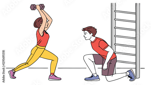 Strong Female Weightlifter Illustration in Bold Fitness Workout Poses on Transparent Background
