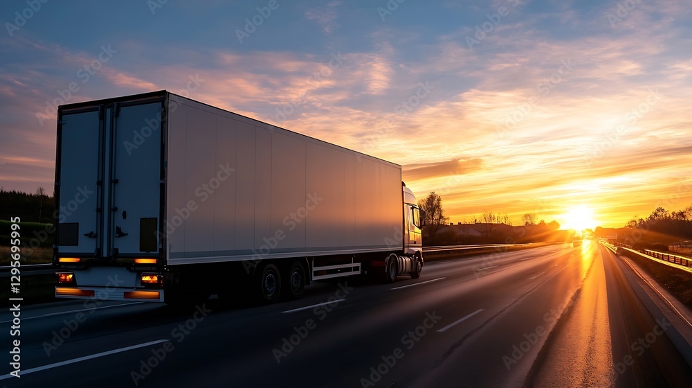 Transporting Goods by Truck on an Open Road at Sunset with Beautiful Skies : Generative AI Transporting Goods by Truck on an Open Road at Sunset with Beautiful Skies : Generative AI