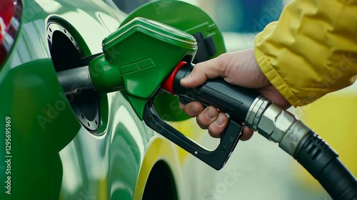 Close up of hand fueling green vehicle at gas station, highlighting eco friendly energy choices in modern transportation