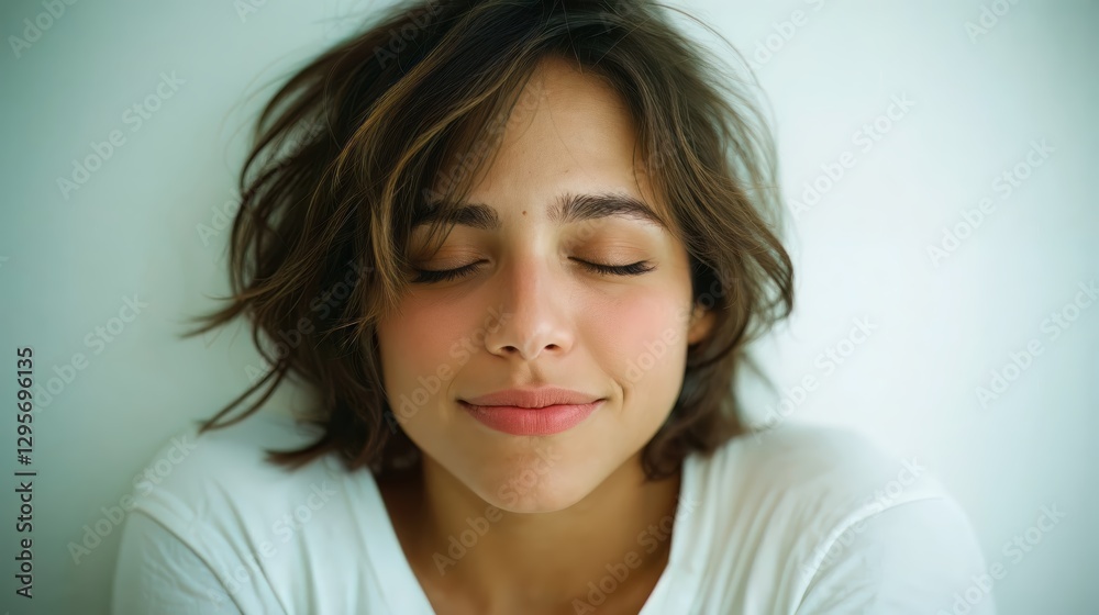Generative AI, Serene Woman Enjoying Sunlight with Eyes Closed Generative AI, Serene Woman Enjoying Sunlight with Eyes Closed