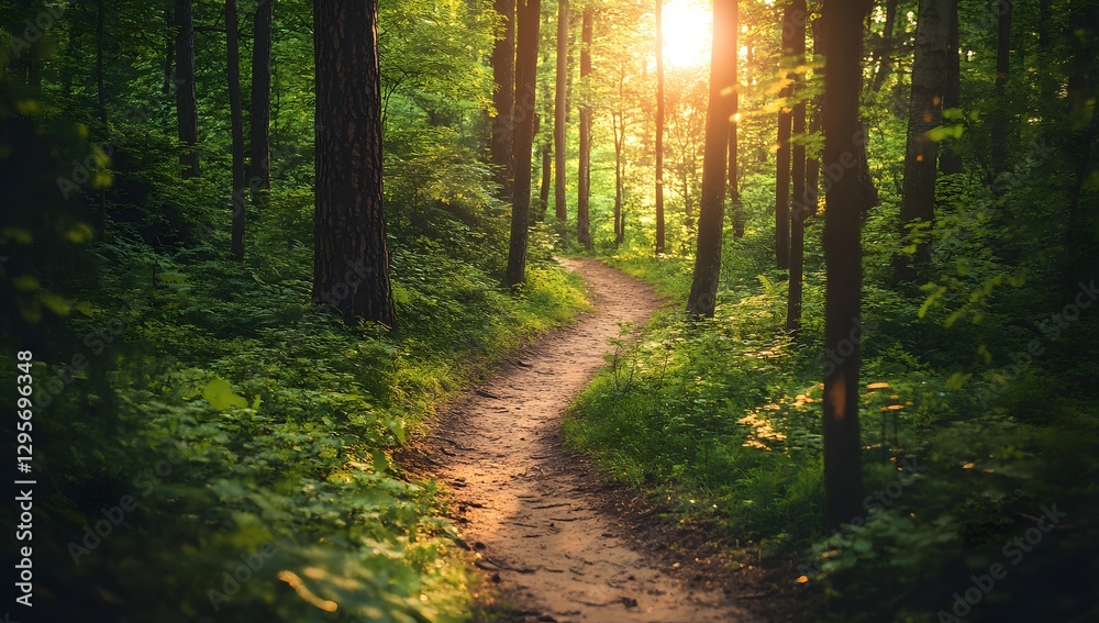 Obraz premium Sunlit Forest Path Winding Through Lush Trees
