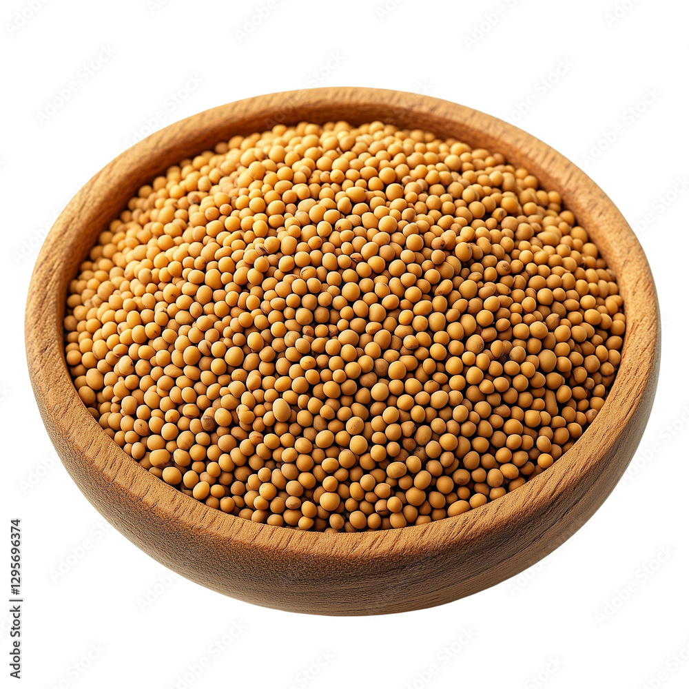 Wooden bowl filled with mustard seeds isolated on a transparent background Wooden bowl filled with mustard seeds isolated on a transparent background