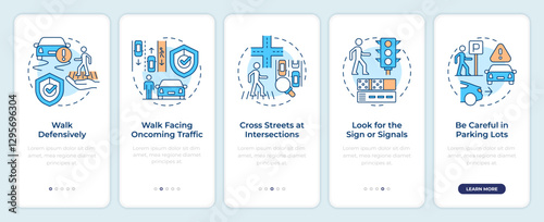 Pedestrian safety onboarding mobile app screen. Traffic system. Walkthrough 5 steps editable graphic instructions with linear concepts. UI, UX, GUI template. Montserrat SemiBold, Regular fonts used