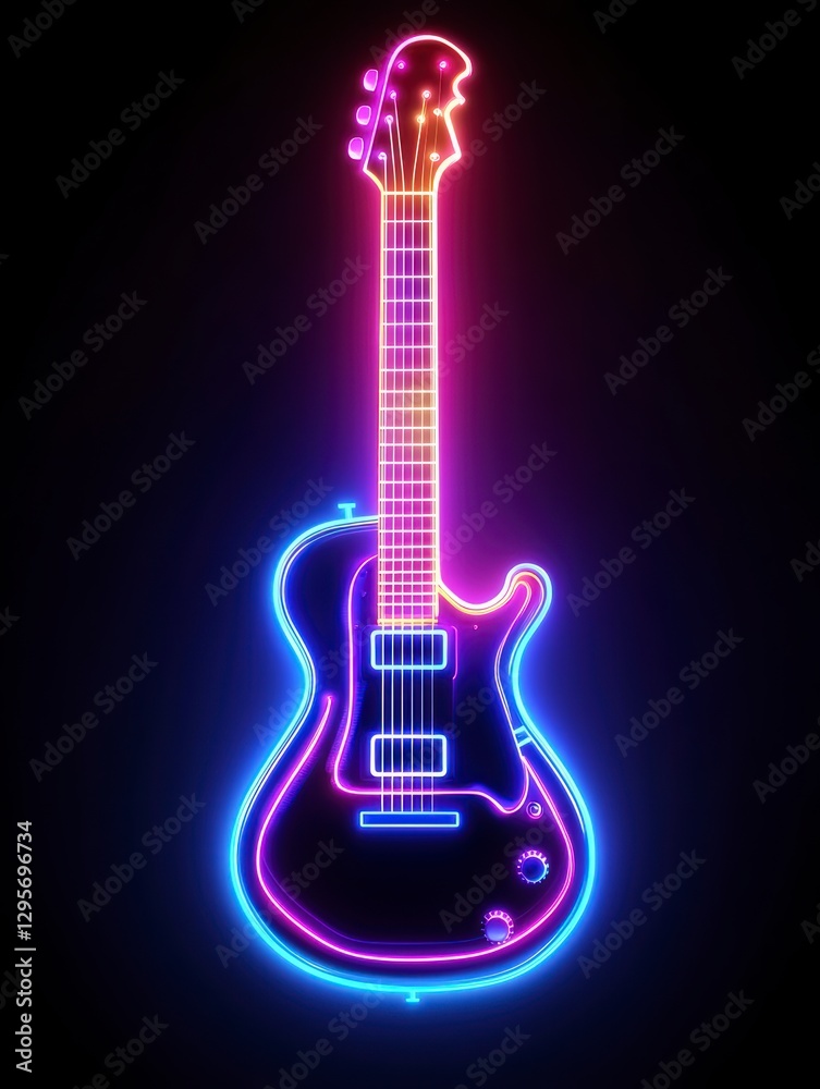 Obraz premium Neon Electric Guitar: Vibrant neon electric guitar glowing in the dark, showcasing its sleek design and vibrant colors.