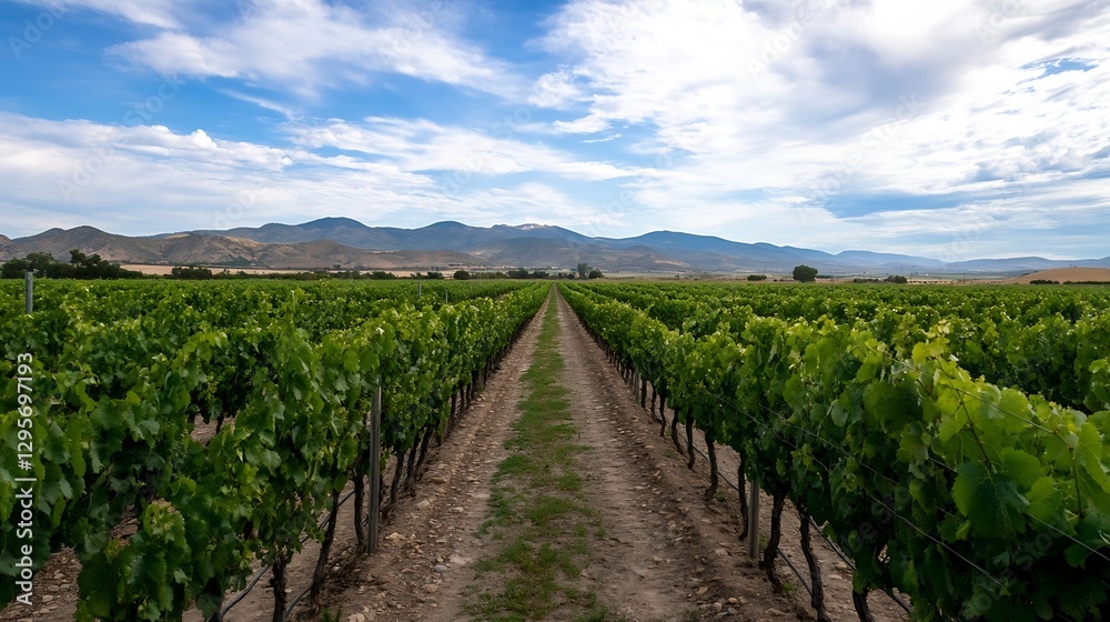 Fototapeta premium Vineyard rows stretching towards mountains under a clear blue sky : Generative AI