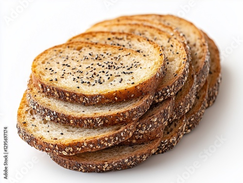 A stack of delicious multigrain bread slices, freshly toasted with poppy seeds and flax seeds on White Background photo