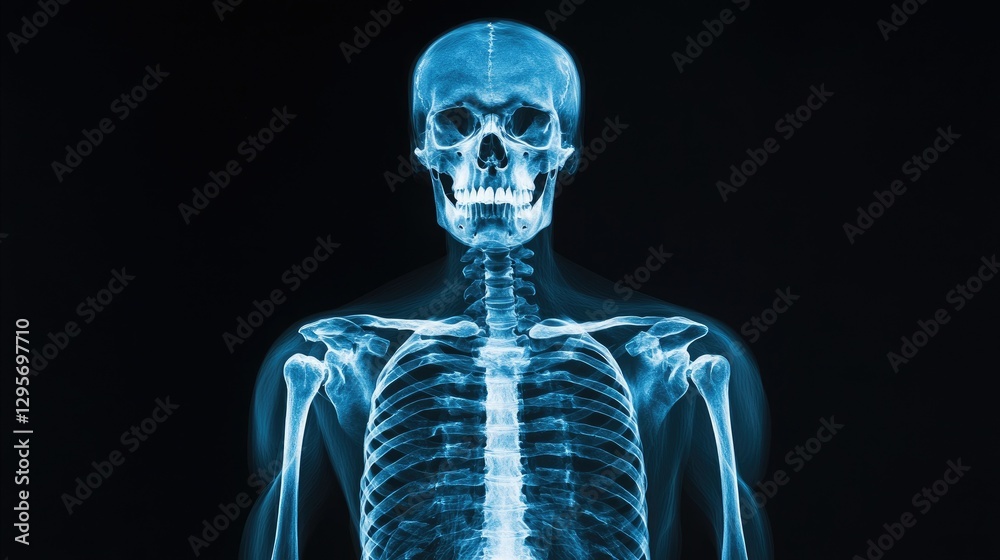 Glowing X-ray of a full human skeleton on a black background. Glowing X-ray of a full human skeleton on a black background.