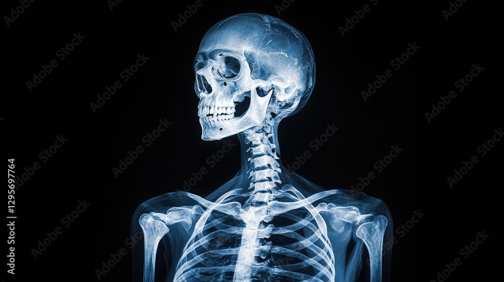 Glowing X-ray of a full human skeleton on a black background. Glowing X-ray of a full human skeleton on a black background.