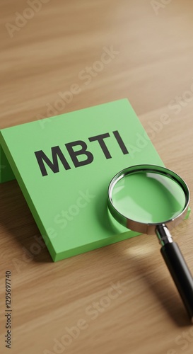 MBTI concept.Myers–Briggs Type Indicator - personality assessment tool that categorizes individuals into 16 personality types based on preferences in four areas. Notes and a magnifying glass on a desk photo