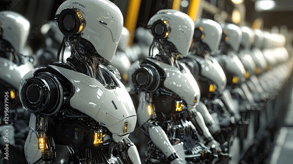 Fototapeta premium Group of androids in a robotics assembly line, systematically building more advanced models.