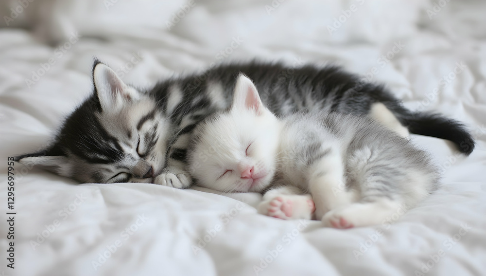 Photo of a cute kitten and puppy sleeping together on a white bed. Photo of a cute kitten and puppy sleeping together on a white bed.