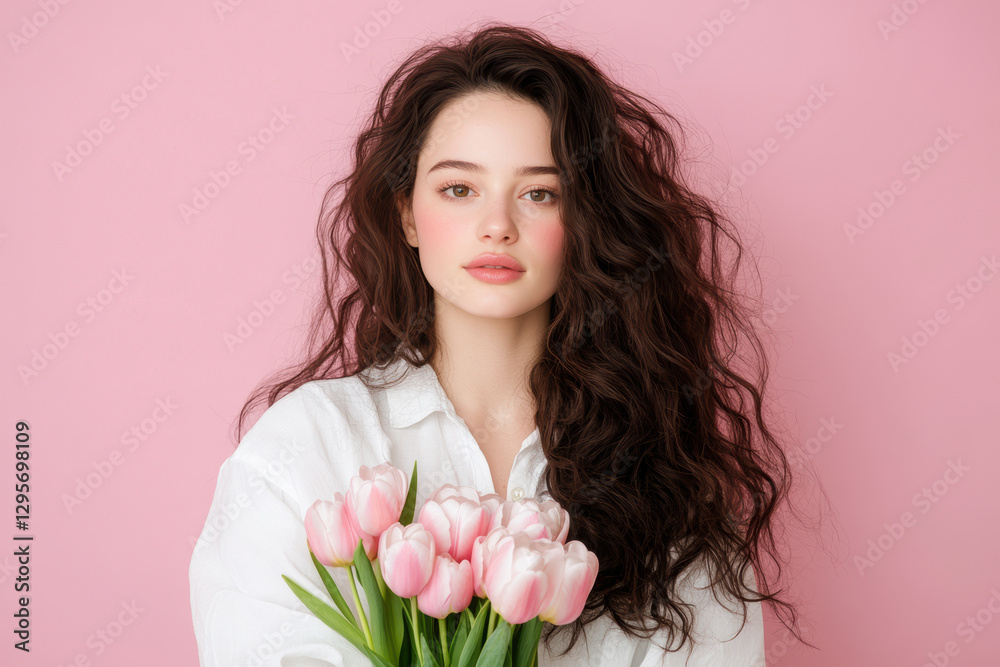 A woman with long brown hair is holding a bouquet of pink flowers A woman with long brown hair is holding a bouquet of pink flowers